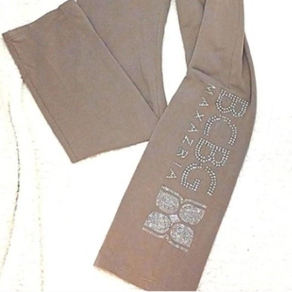 BCBGMaxAzria Lounge Pants Sz S Sparkle Studs Beads Letters TAUPE TAN - Picture 4 of 14